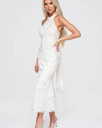 Rochie maxi cu decolteu halter, talie evidentiata si aplicatii florale, Ecru