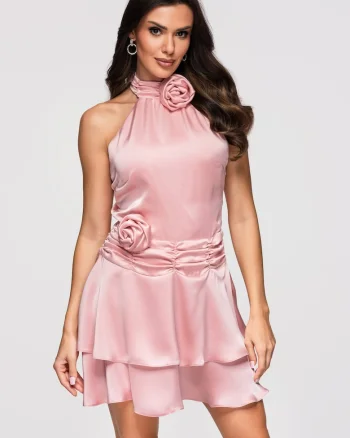 Rochie mini cocktail cu decolteu halter si talie ajustata, Roz