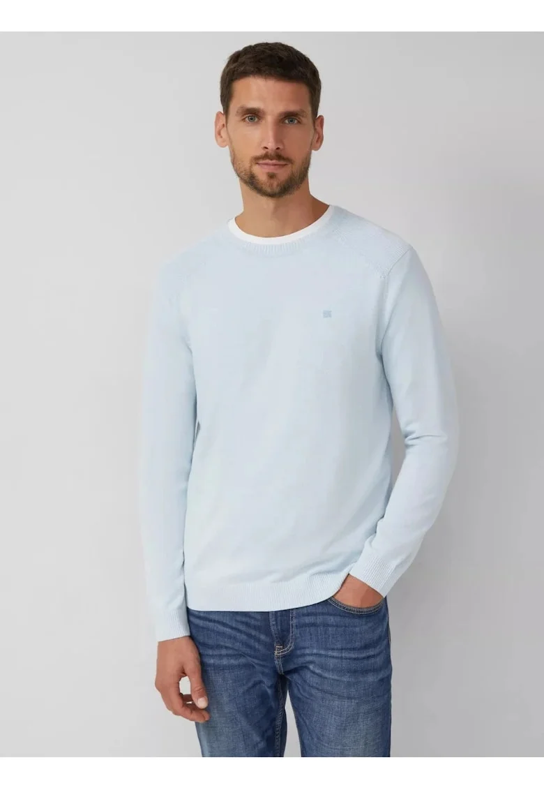 Pulover barbati cu decolteu la baza gatului, din bumbac, maneci raglan, Albastru deschis