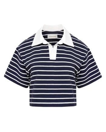 Tricou crop cu guler polo Goia, Alb/Bleumarin