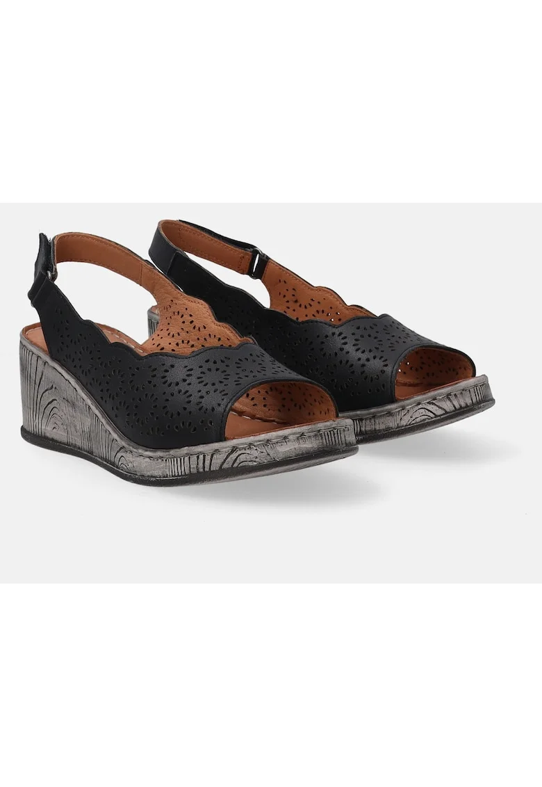 Sandale din piele cu talpa wedge si aspect perforat, Negru