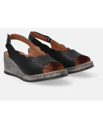 Sandale din piele cu talpa wedge si aspect perforat, Negru