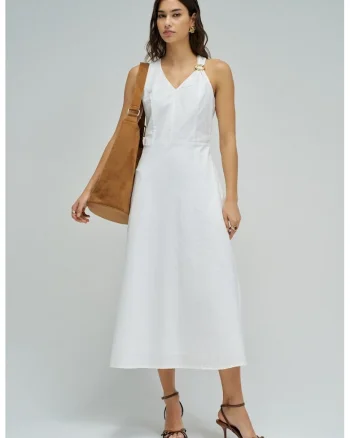Rochie midi din amestec de in cu buzunare laterale