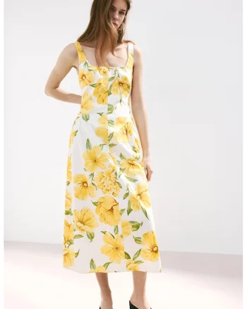 Rochie evazata cu model floral, Galben/Verde pal/Alb optic