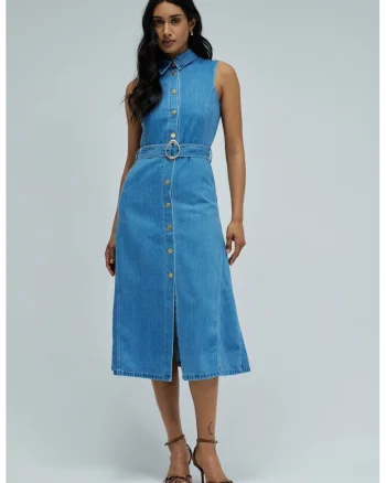 Rochie din denim cu nasturi si cordon in talie