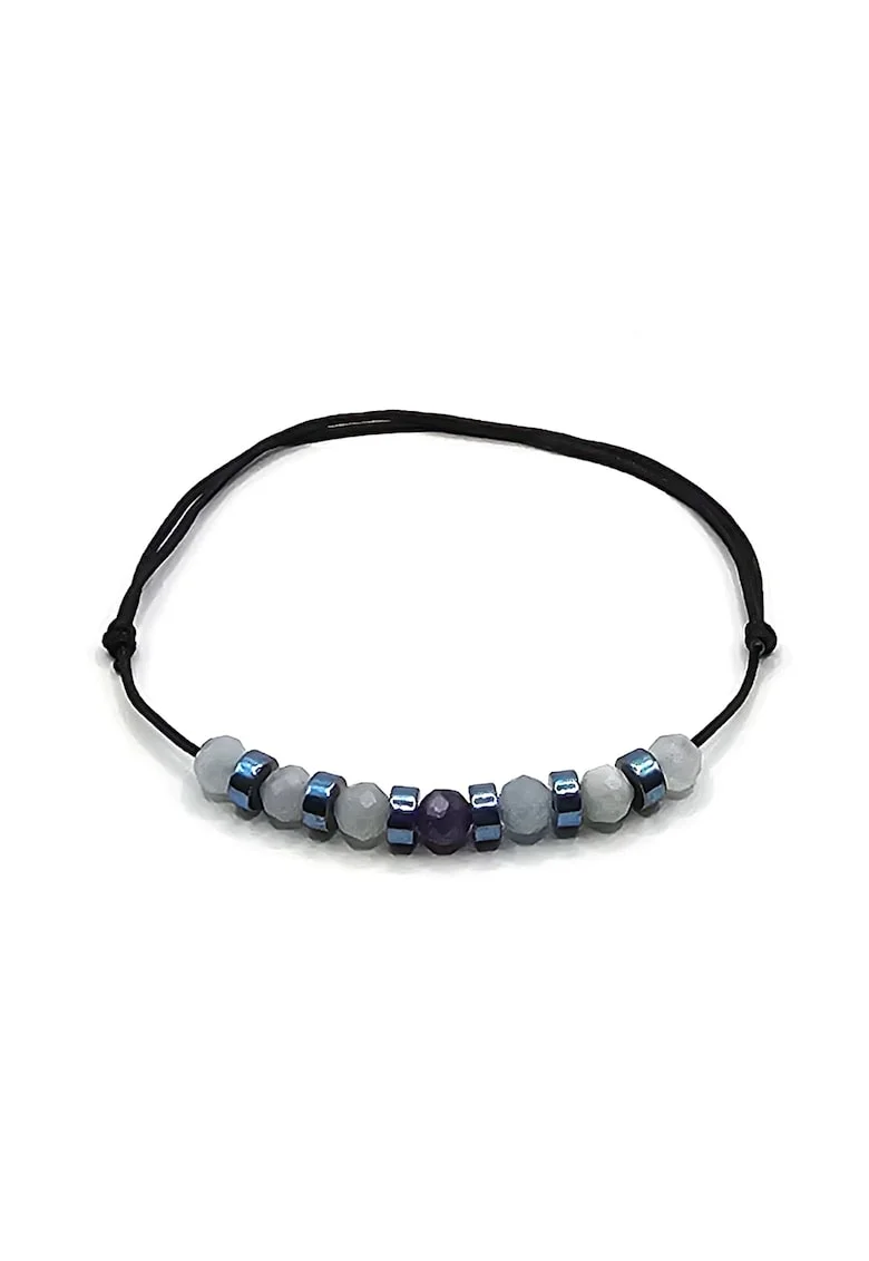 Bratara handmade, ajustabila, zodia Berbec,  pietre semipretioase Acvamarin, Ametist si Hematit, negru