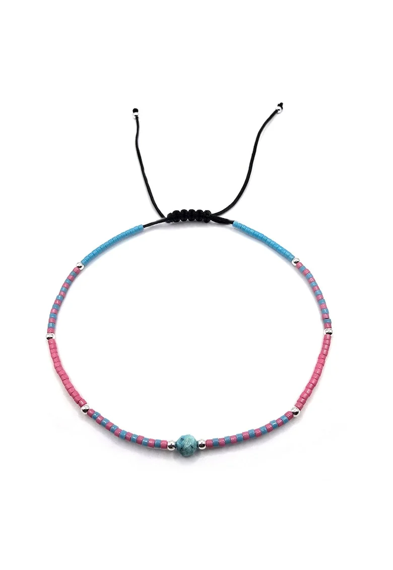 Bratara de glezna, handmade, din argint 925,  ajustabila, margele Miyuki si pietre semipretioase, Roz/Albastru