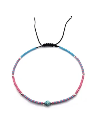 Bratara de glezna, handmade, din argint 925,  ajustabila, margele Miyuki si pietre semipretioase, Roz/Albastru