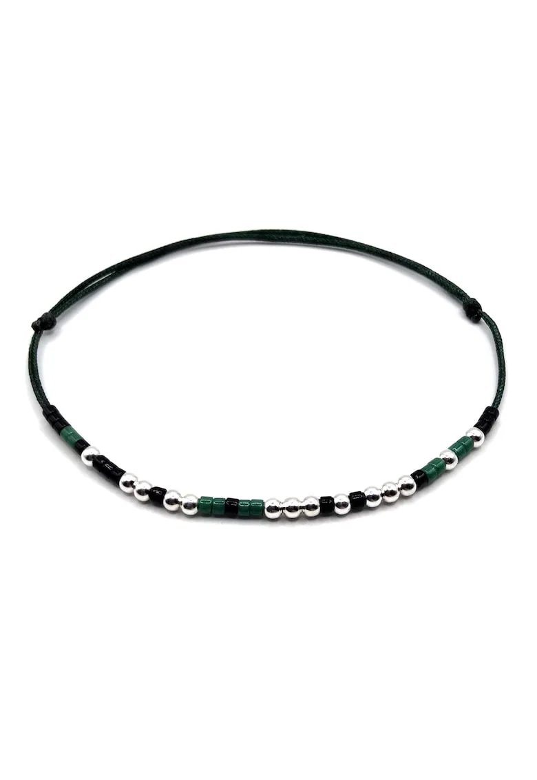 Bratara cod Morse, mesaj "Te iubesc",  dama, marime ajustabila, argint margele Miyuki, Verde/Negru