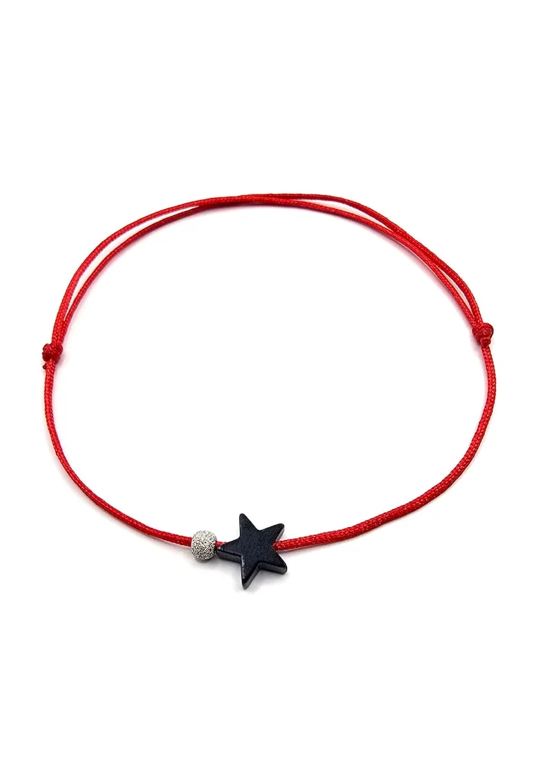 Bratara handmade, ajustabila, cu margeluta din argint 925 placata cu rodiu,  piatra semipretioasa hematit in forma de stea, rosu/argintiu