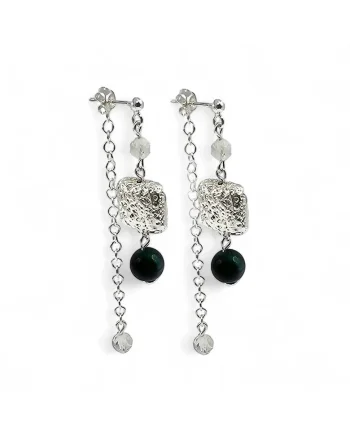 Cercei handmade, din argint 925,  pietre semipretioase topaz, ochi de tigru si lava, verde/argintiu