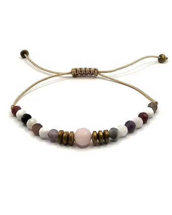 Bratara handmade, ajustabila, zodia Balanta,  pietre semipretioase Turmalina, Piatra Lunii, Hematit si Cuart, bej