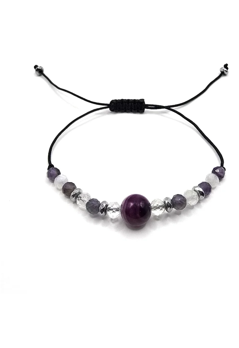 Bratara handmade, ajustabila, zodia Berbec,  pietre semipretioase Ametist, piatra lunii, hematit, agat, negru