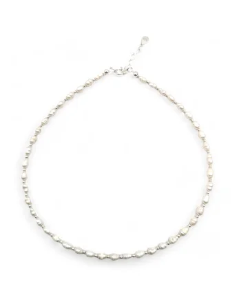 Colier handmade, ajustabil, din argint 925,  perle naturale dimensiune 3x6 mm, argintiu/alb, max. 40.50 cm