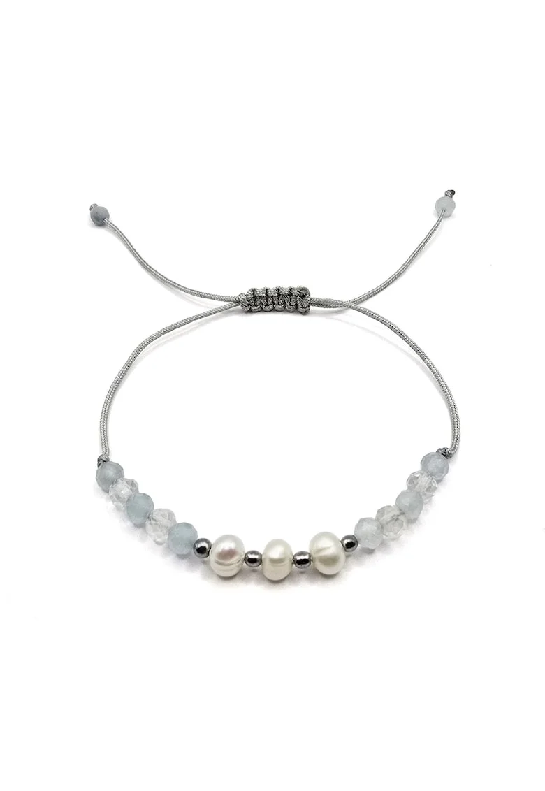 Bratara handmade, ajustabila, zodia Gemeni,  pietre semipretioase Acvamarin, topaz, hematit, perle naturale, gri