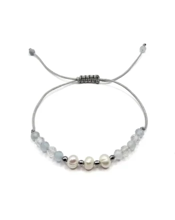Bratara handmade, ajustabila, zodia Gemeni,  pietre semipretioase Acvamarin, topaz, hematit, perle naturale, gri