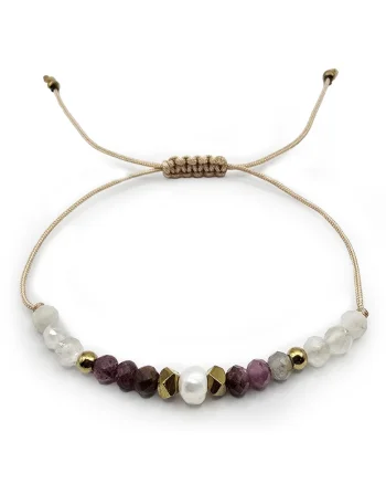 Bratara handmade, ajustabila, zodia Rac,  pietre semipretioase Piatra lunii, hematit, rubin, perle naturale, bej