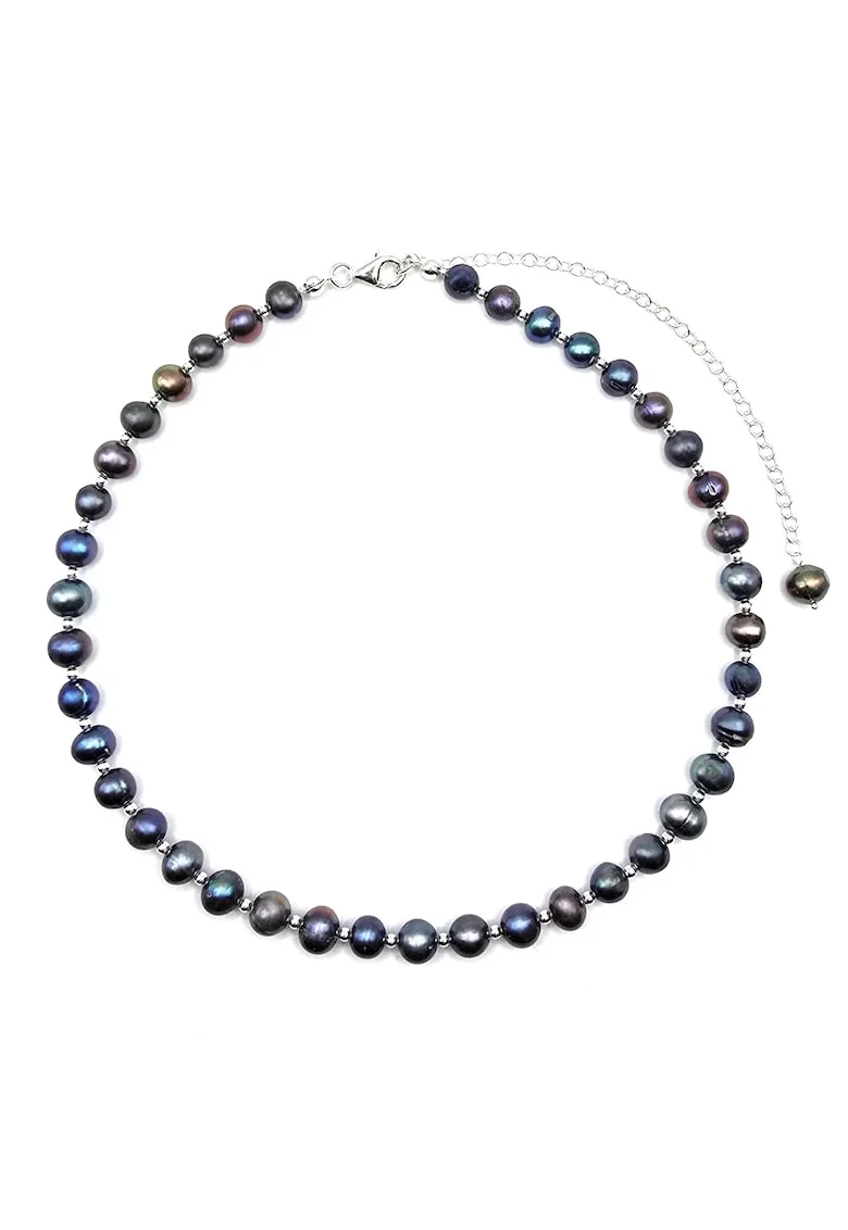 Colier handmade, ajustabil, din argint 925,  perle de cultura, bleumarin, max. 48 cm