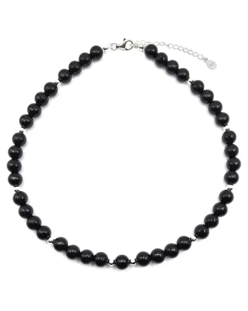Colier handmade, ajustabil, argint 925,  pietre semipretioase onix 8 mm, negru, max. 44 cm
