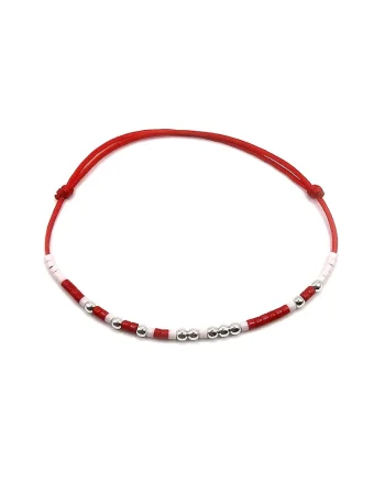 Bratara handmade, ajustabila, argint 925,  snur de matase, margele Miyuki Delica, rosu/alb