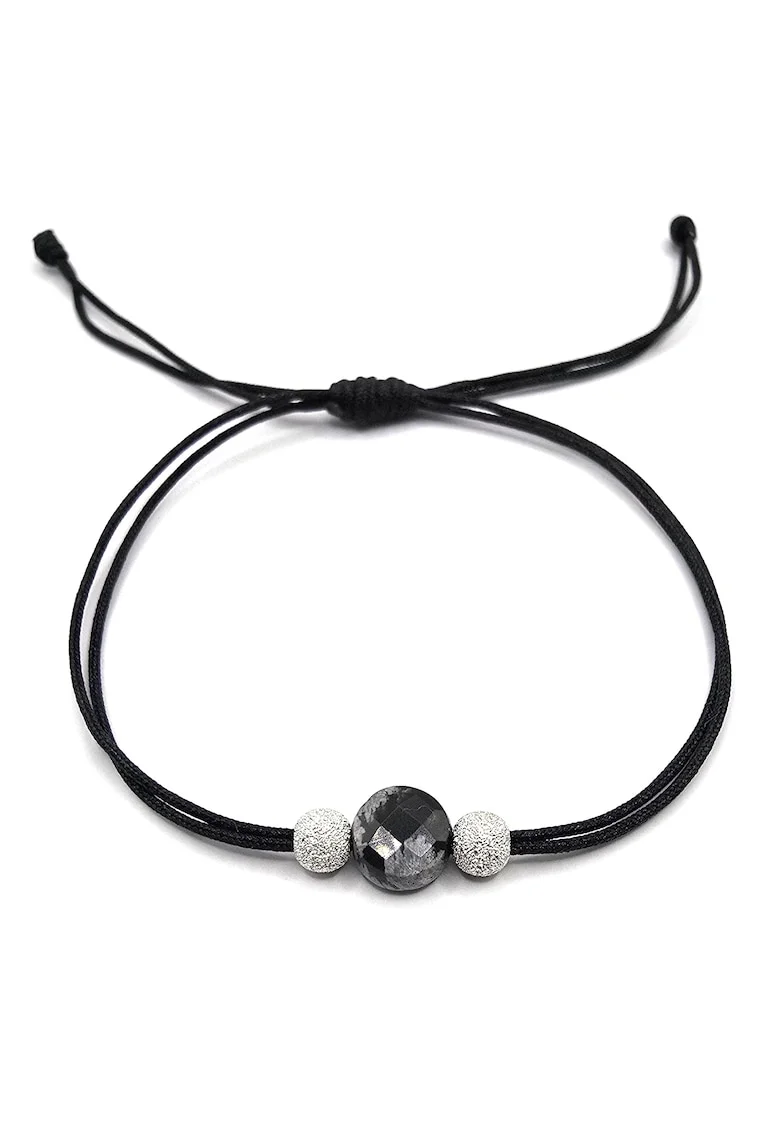 Bratara handmade, ajustabila, din argint 925,  snur de matase, pietre semipretioase obsidian, negru