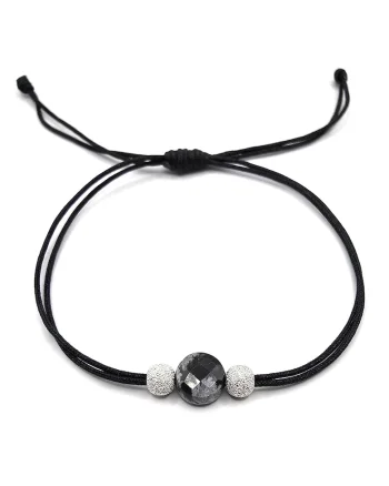 Bratara handmade, ajustabila, din argint 925,  snur de matase, pietre semipretioase obsidian, negru