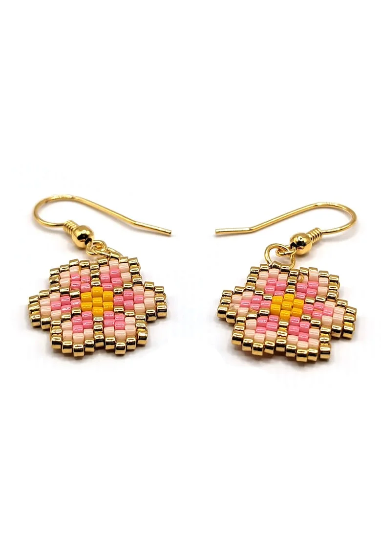 Cercei handmade, din argint 925,  element decorativ floral din margele Miyuki, placat aur 24k, multicolor