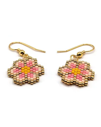 Cercei handmade, din argint 925,  element decorativ floral din margele Miyuki, placat aur 24k, multicolor