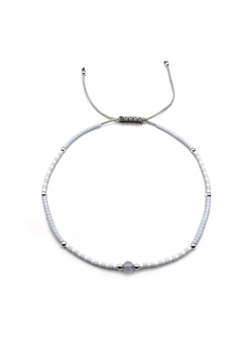 Bratara de glezna, handmade, din argint 925,  ajustabila, margele Miyuki si acvamarin, bleu/alb