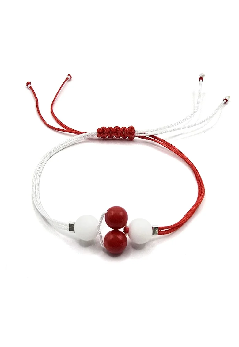 Bratara handmade, ajustabila,  pietre semipretioase jad si coral, ideala martisor, rosu/alb
