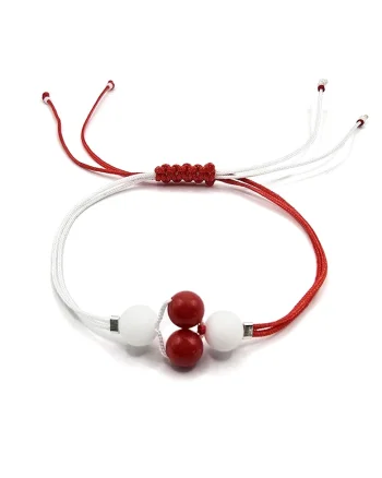 Bratara handmade, ajustabila,  pietre semipretioase jad si coral, ideala martisor, rosu/alb