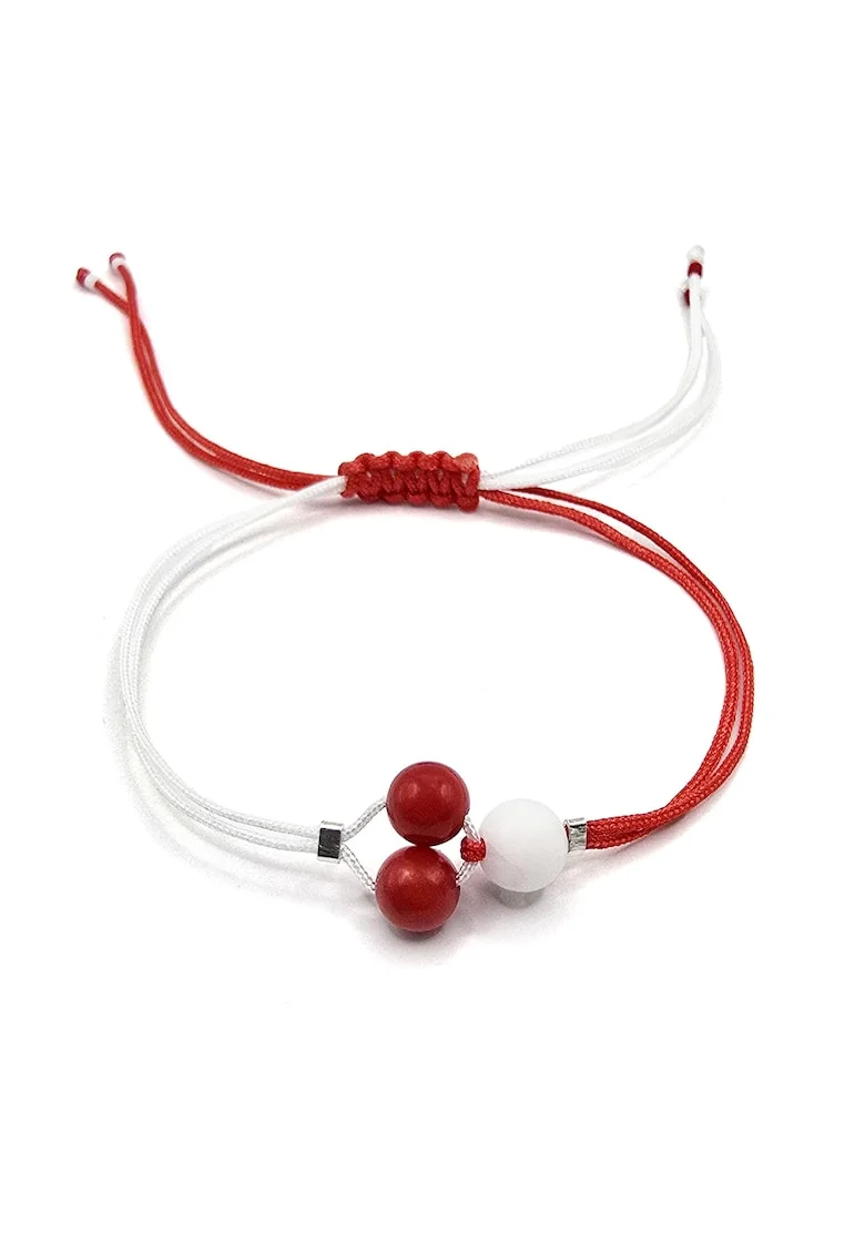 Bratara handmade, ajustabila,  pietre semipretioase jad si coral, ideala martisor, rosu/alb