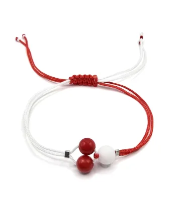 Bratara handmade, ajustabila,  pietre semipretioase jad si coral, ideala martisor, rosu/alb