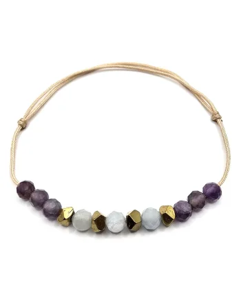 Bratara handmade, ajustabila, zodia Pesti,  pietre semipretioase ametist, hematit si acvamarin, bej