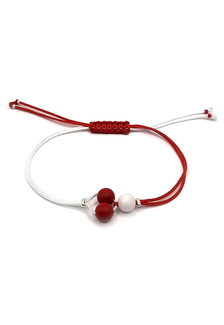 Bratara martisor, handmade, ajustabila,  snur de matase, pietre semipretioase scoica si jad, alb/rosu