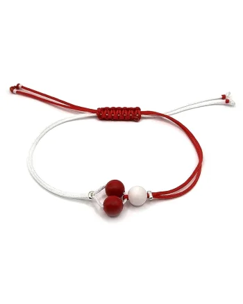 Bratara martisor, handmade, ajustabila,  snur de matase, pietre semipretioase scoica si jad, alb/rosu