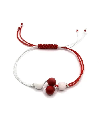 Bratara martisor, handmade, ajustabila,  snur de matase, pietre semipretioase scoica si jad, rosu/alb