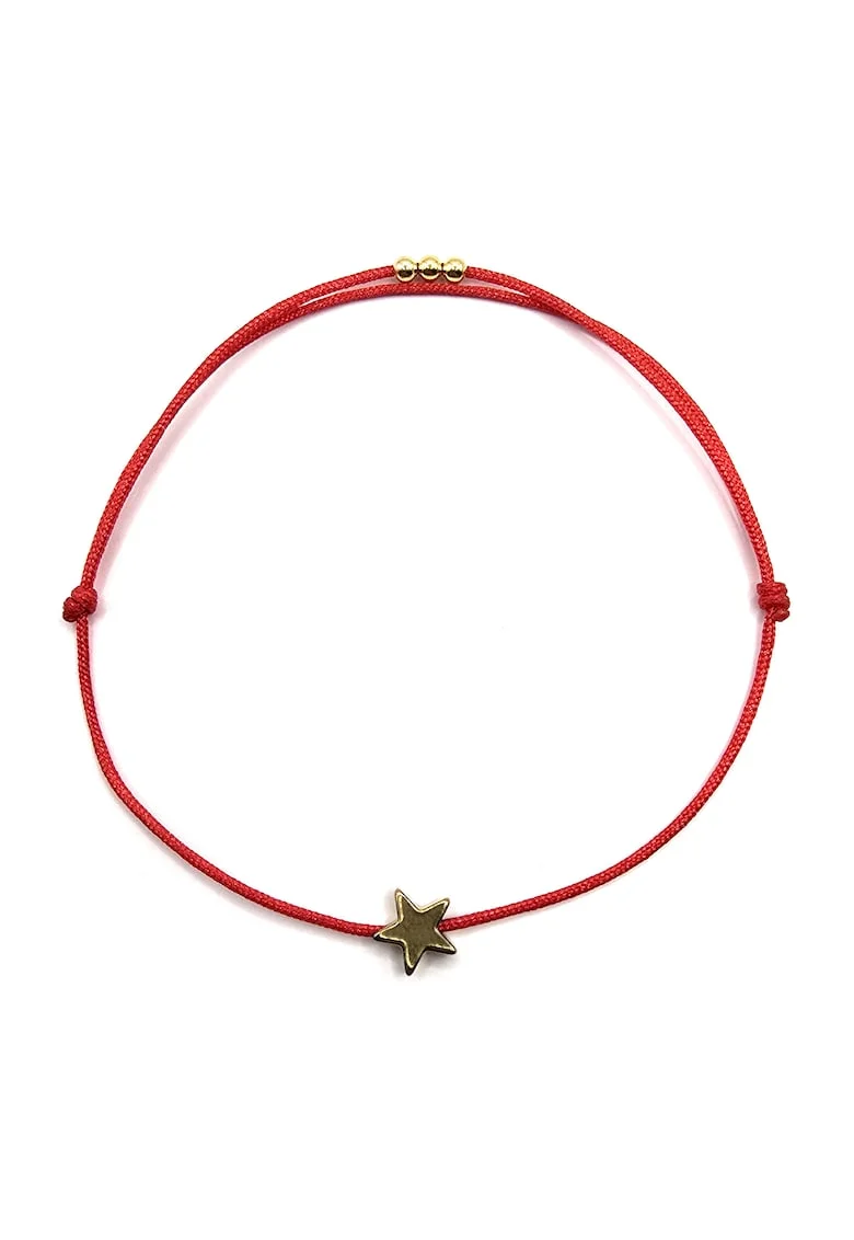Bratara martisor, handmade, ajustabila, cu margelute din argint 925 placate cu aur 24k,  piatra semipretioasa hematit in forma de stea, rosu/auriu