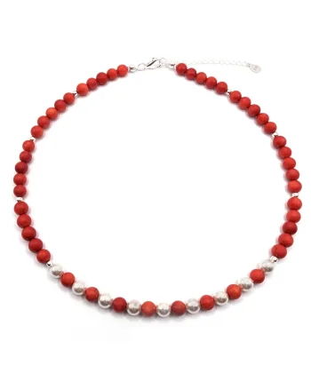 Colier handmade, ajustabil, din argint 925,  pietre semipretioase scoica si coral, multicolor, max. 45.50 cm