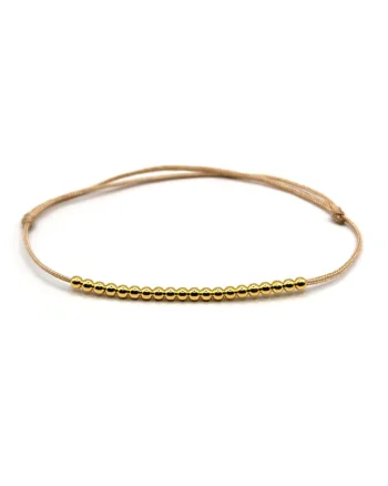 Bratara handmade, ajustabila, din argint 925,  snur de matase, 20 margele argint 2.20 mm, placata aur 24k, auriu/bej