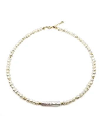 Colier handmade, ajustabil, din aur 14k,  perle de cultura, alb/auriu, max. 41.50 cm