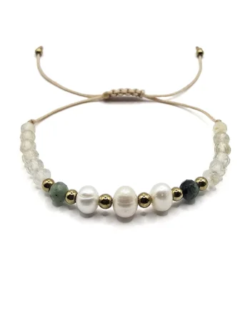 Bratara handmade, ajustabila, zodia Gemeni,  pietre semipretioase Citrin, Hematit, Smarald si Perle de Cultura, bej