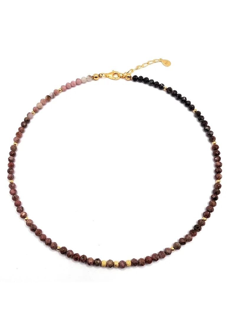 Colier handmade, ajustabil, argint 925 placat cu aur 24k,  pietre semipretioase rodonit, multicolor, max. 41.50 cm
