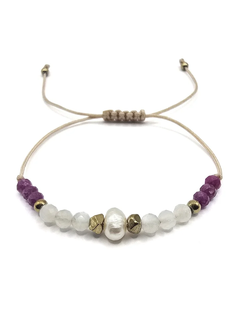 Bratara handmade, ajustabila, zodia Rac,  pietre semipretioase Rubin, Piatra Lunii, Hematit si Perla de Cultura, bej