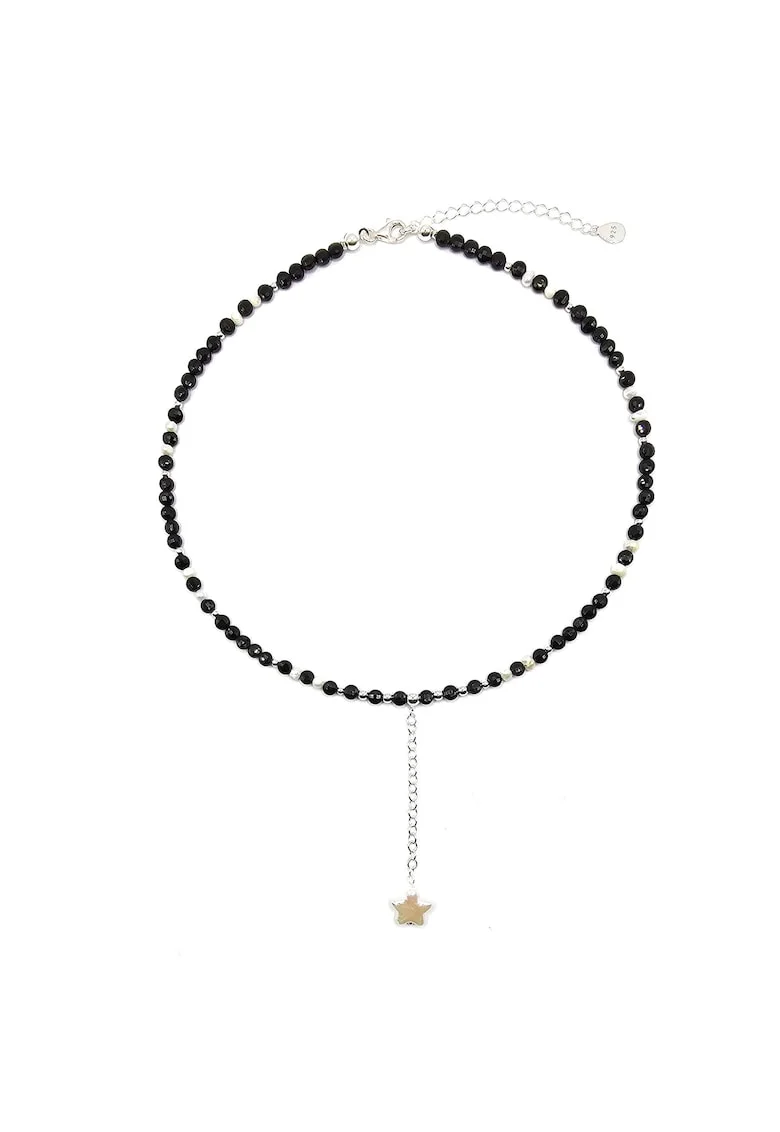 Colier handmade, ajustabil, din argint 925,  pietre semipretioase spinel si perle de cultura, negru/alb, max. 43 cm