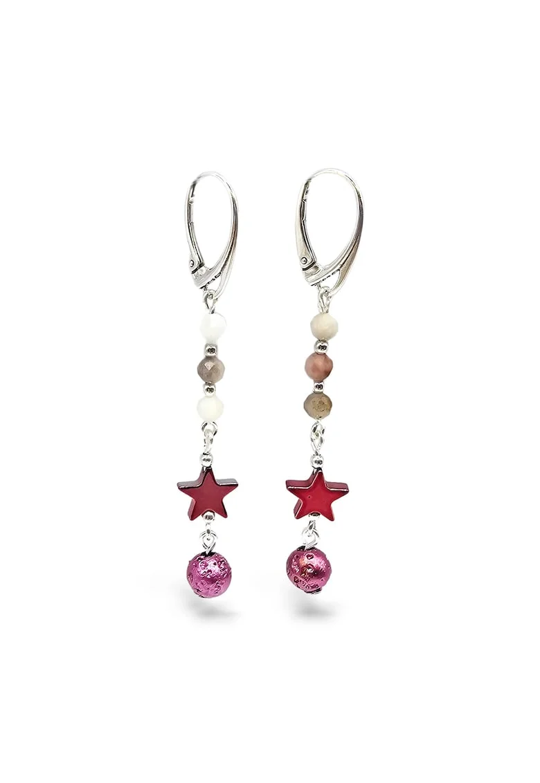 Cercei handmade, din argint 925,  pietre semipretioase rodonit, hematit si lava, multicolor