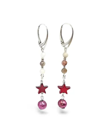 Cercei handmade, din argint 925,  pietre semipretioase rodonit, hematit si lava, multicolor
