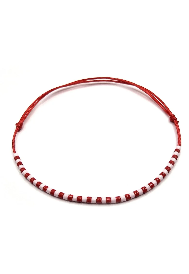 Bratara martisor, handmade, ajustabila,  snur de matase, margele Miyuki Delica, rosu/alb