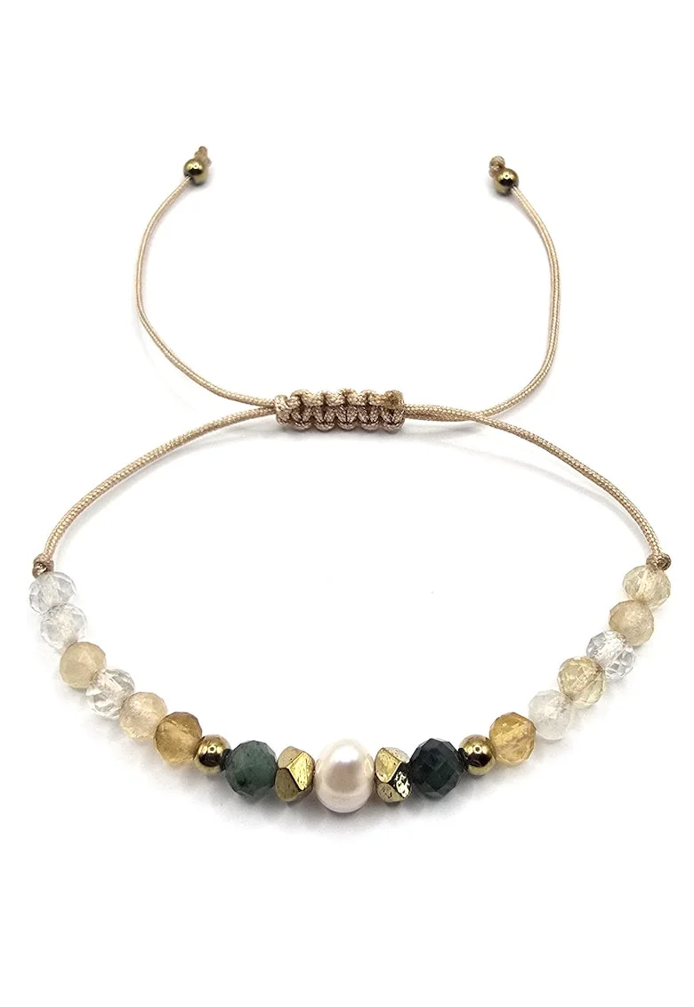 Bratara handmade, ajustabila, zodia Gemeni,  pietre semipretioase Citrin, Hematit, Smarald si Perla de Cultura, bej