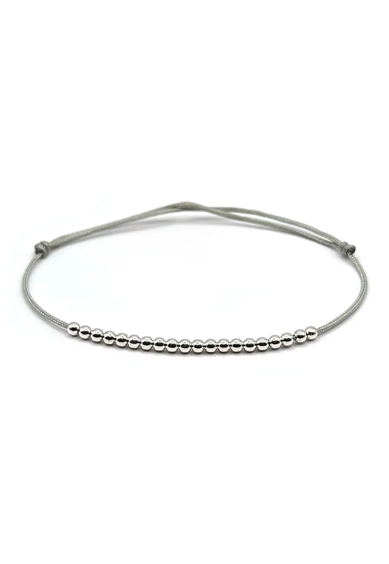Bratara handmade, ajustabila, din argint 925,  snur de matase, 20 margele argint 2.20 mm, argintiu/gri